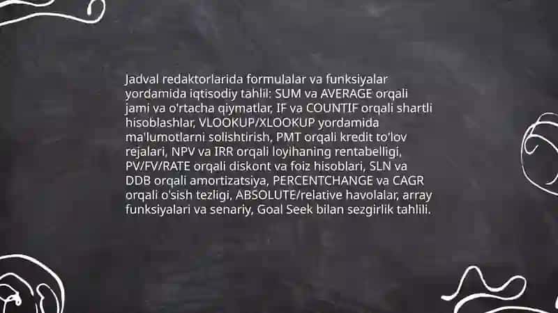 Jadval redaktorlardan iqtisodiy masalalarni yechish jarayonida foydalanish 4