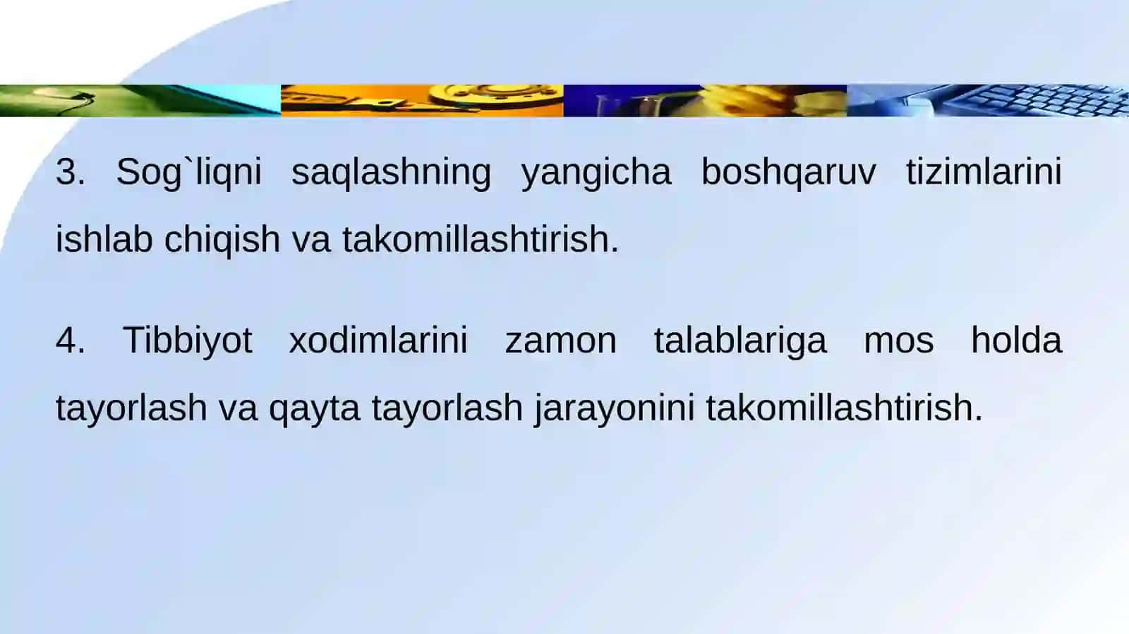 “Jamoat salomatligi va sog`liqni saqlashni boshqarish” fani, uning tibbiyotdagi o`rni, asosiy vazifalari va o`rganish usullari 4