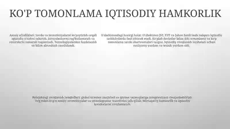 O'zbekistonda Xalqaro Iqtisodiy Hamkorlikning Bugungi Kungacha Holati Va Uni Yanada Rivojlantirish Istiqbollari 4