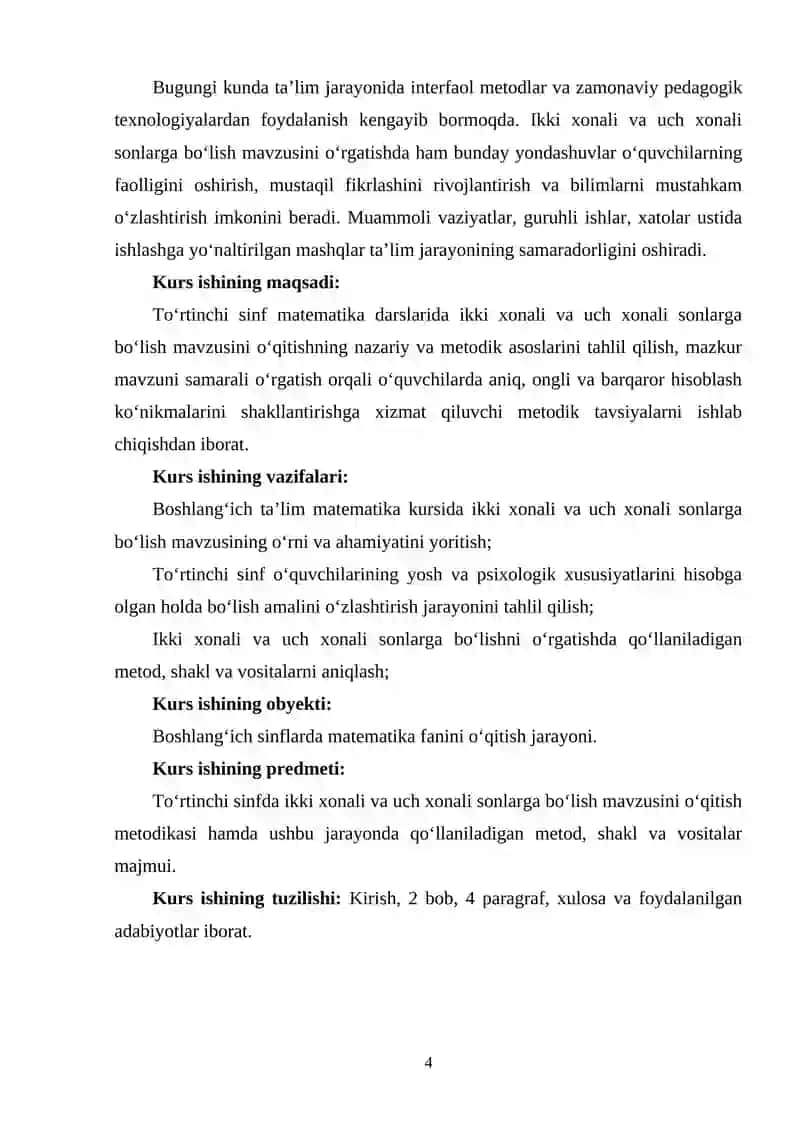 To‘rtinchi sinfda ikki xonali va uch xonali sonlarga bo‘lish 4