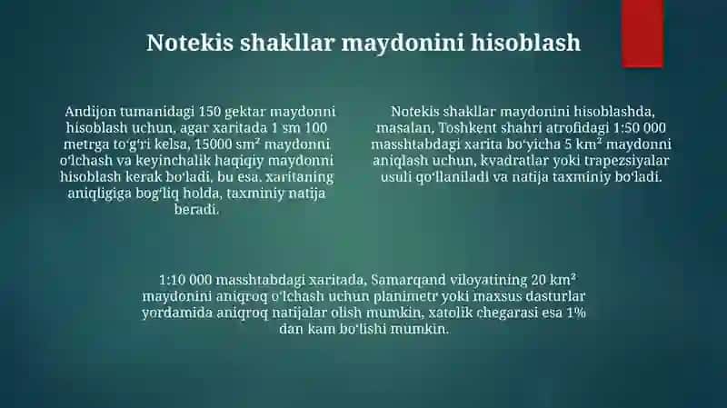 Kartadagi obyektlarning uzinliklari va maydonlarini oʻlchash 4