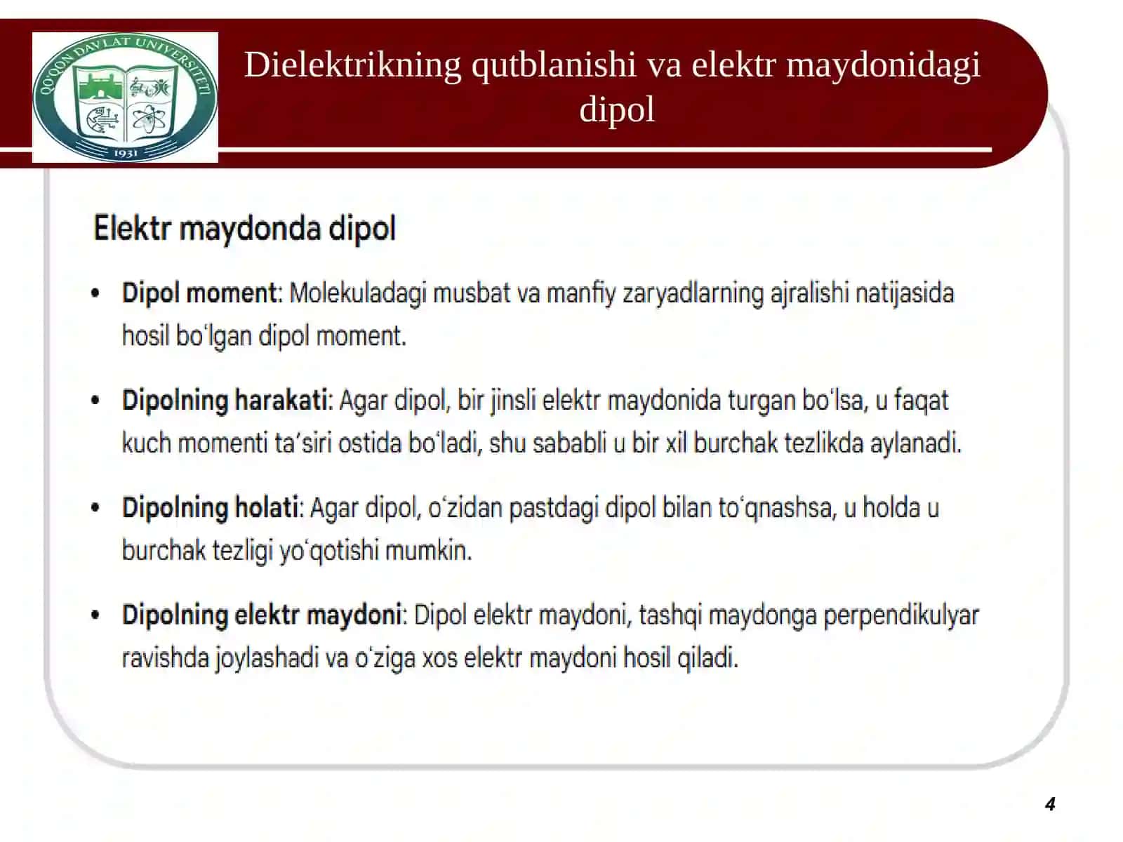 Elektrostatik maydondagi dielektriklar va o‘tkazgichlar 4
