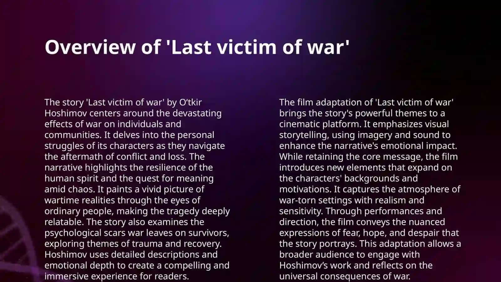 ANALYSIS OF STORY AND FILM: "LAST VICTIM OF WAR" BY OʻTKIR HOSHIMOV 4