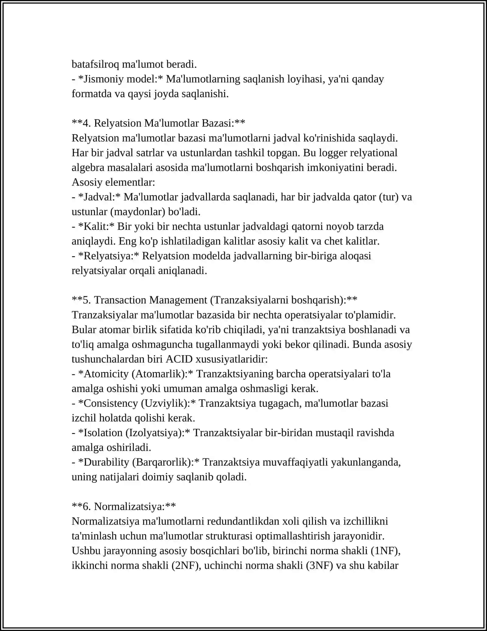MA'LUMOTLAR BAZASI. MA'LUMOTLAR BAZASINI BOSHQARISH TIZIMLARI. ACCESS DASTURIDA MA'LUMOTLAR BAZASINI HOSIL QILISH QO‘SHIMCHA IMKONIYATLARI HAQIDA 4