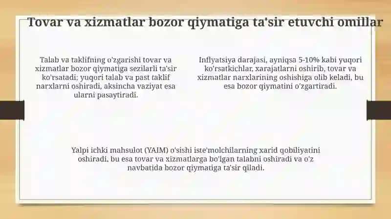 Tovar va xizmatlarning valyuta kursi va bozor qiymatiga ta'sir etuvchi omillar tahlili 4