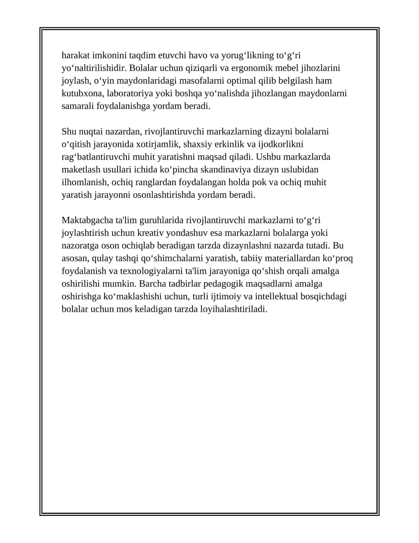 MAKTABGACHA TA'LIM GURUHLARIDA RIVOJLANTIRUVCHI MARKAZLARNI JOYLASHUVI UCHUN KREATIV YONDASHUV 4