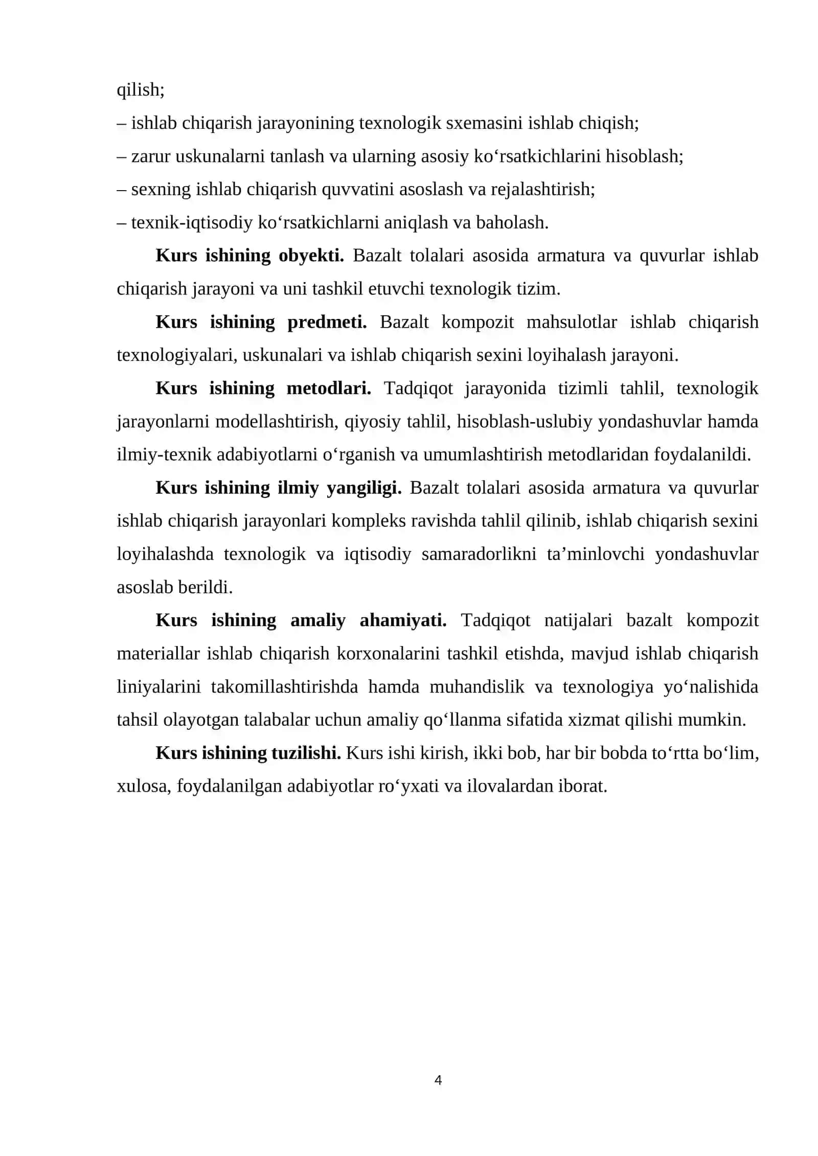 Bazalt tolalari asosida armatura va qovurlar ishlab chiqarish sehini loyihalash 4