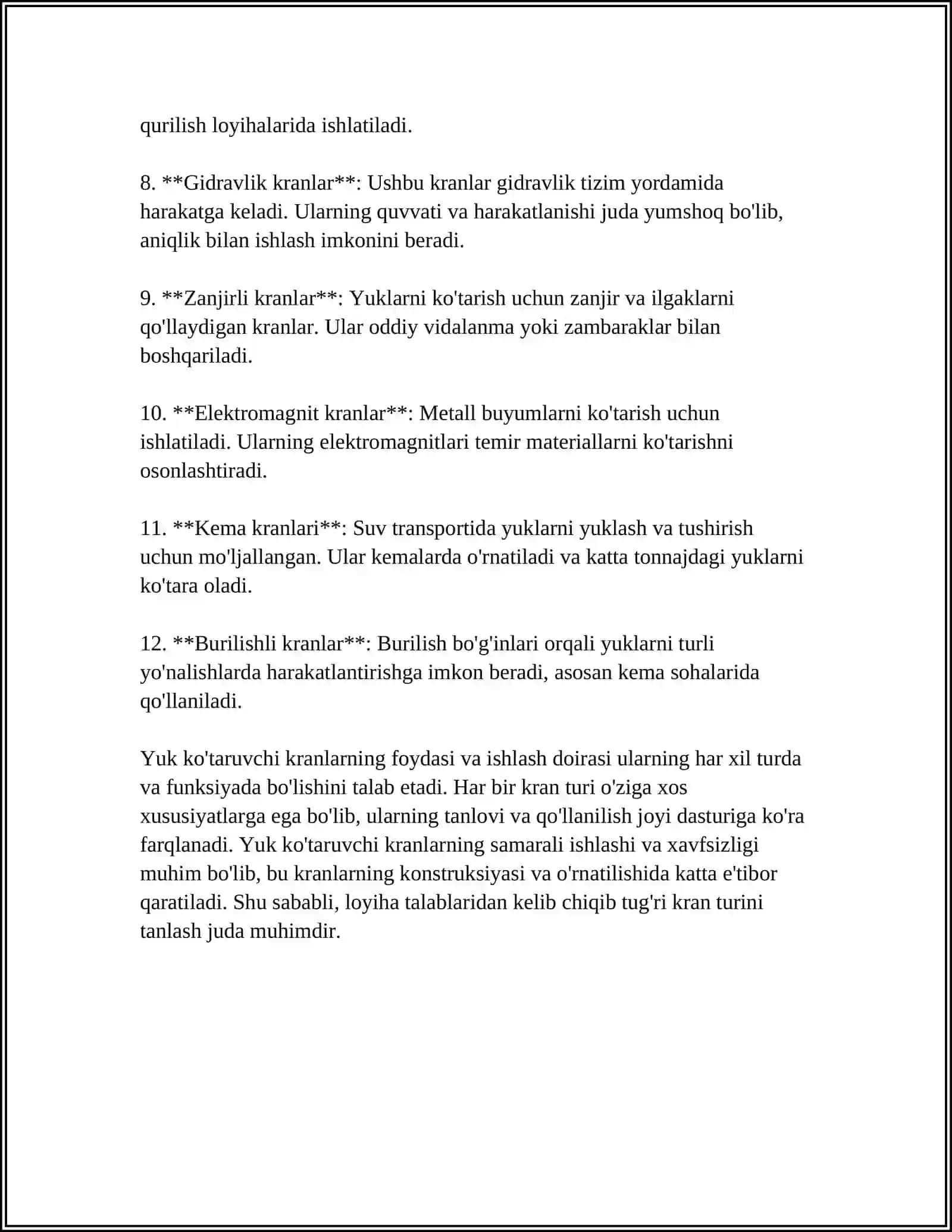 YUK KO’TARUVCHI KRANLAR VA DARAXT TOZALOVCHILAR. SELLYULOZA VA DARAXT MASSASINI OLISH XOM ASHYOSINI SAQLASH VA TAYYORLASH JIHOZLARI 4