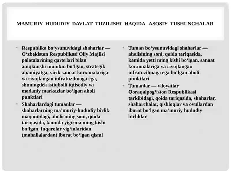 O`ZBEKISTON RESPUBLIKASI MAMURIY HUDUDIY DAVLAT TUZILISHI 4