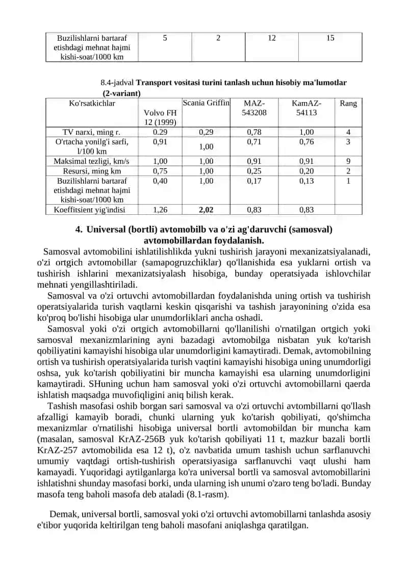 YUK AVTOMOBIL TRANSPORTI VOSITALARINI TANLASH VA HISOBLASH 4