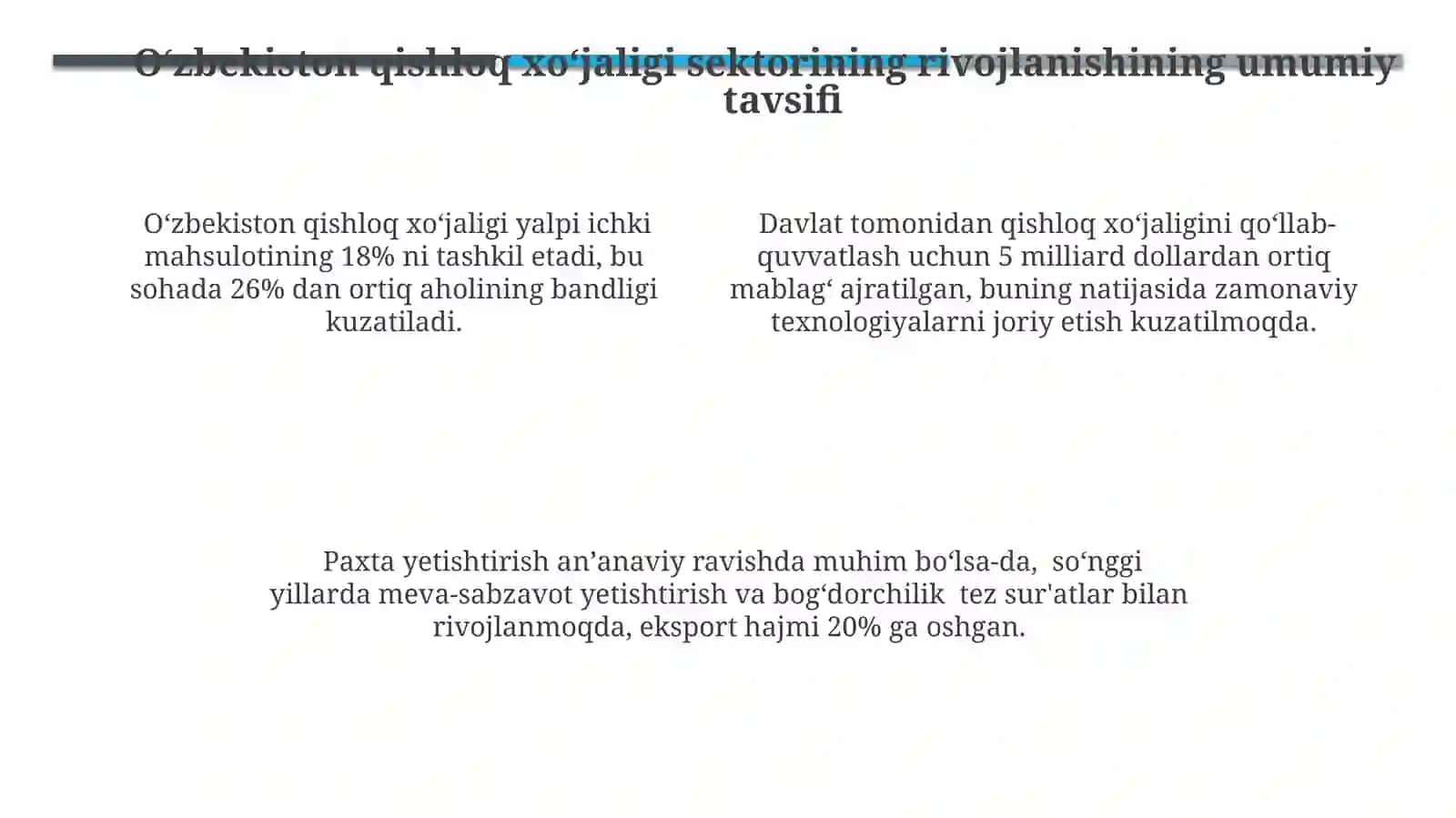 Oʻzbekistonda qishloq xoʻjaligi tarmoqlari rivojlanishini baholash 4