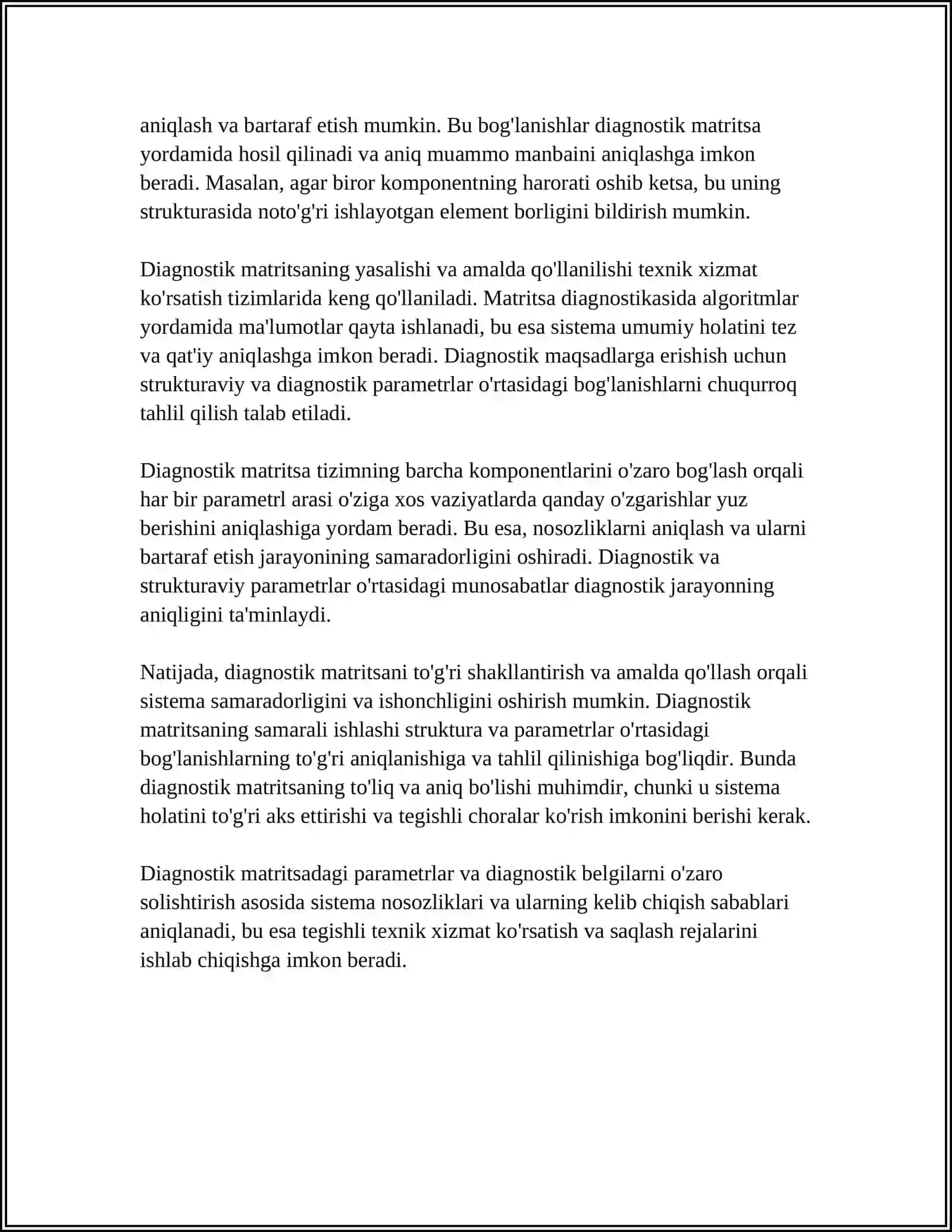 STRUKTURAVIY VA DIAGNOSTIK PARAMETRLARNING DIAGNOSTIK MATRITS ALOQALARI 4