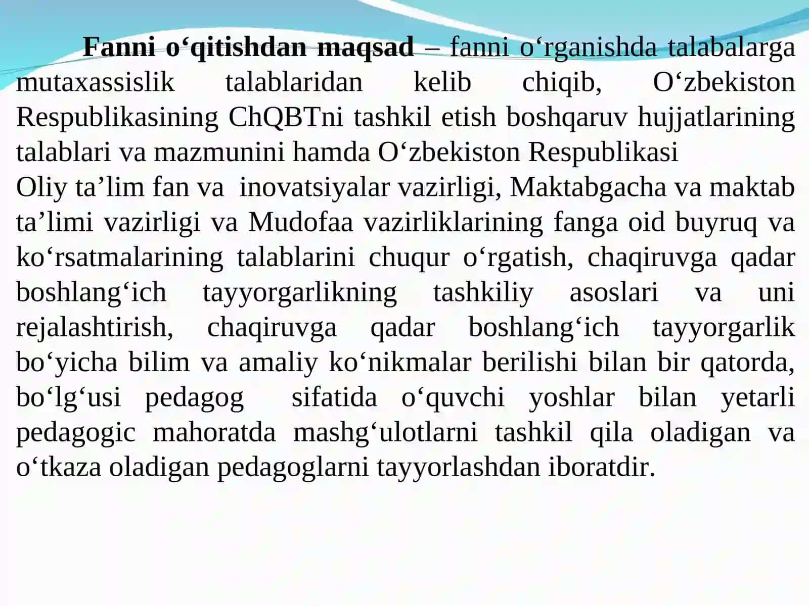 «CHAQIRUVGA QADAR BOSHLANG‘ICH TAYYORGARLIKNI REJALASHTIRISH VA TASHKIL ETISH» FANINING MAZMUNI. CHAQIRUVGA QADAR BOSHLANG‘ICH TAYYORGARLIK – O‘R QK HARBIY XIZMATIGA TAYYORLASH TIZIMINING TARKIBIY QISMI SIFATIDA 4