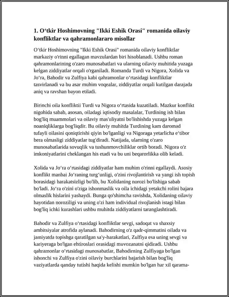 OʻTKIR HOSHIMOVNING "IKKI ESHIK ORASI"ROMANIDA KONFLIKTLAR. QAHRAMONLAR ARALASHMASIDA KONFLIKTGA MISOLLAR 4