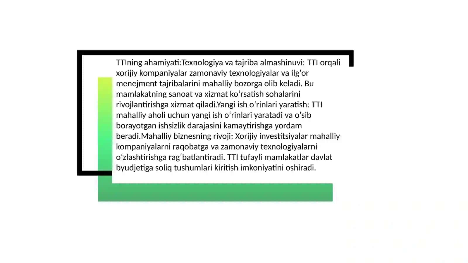 Xorijiy investitsiyalar— chet el investorlari tomonidan yuqori darajada daromad olish, samaraga erishish maqsadida mutloq boshqa davlat iqtisodiyotining, tadbirkorlik va boshqa faoliyatlariga safarbar etadigan barchamulkiy, moliyaviy, intellektual boyliklaridir 4