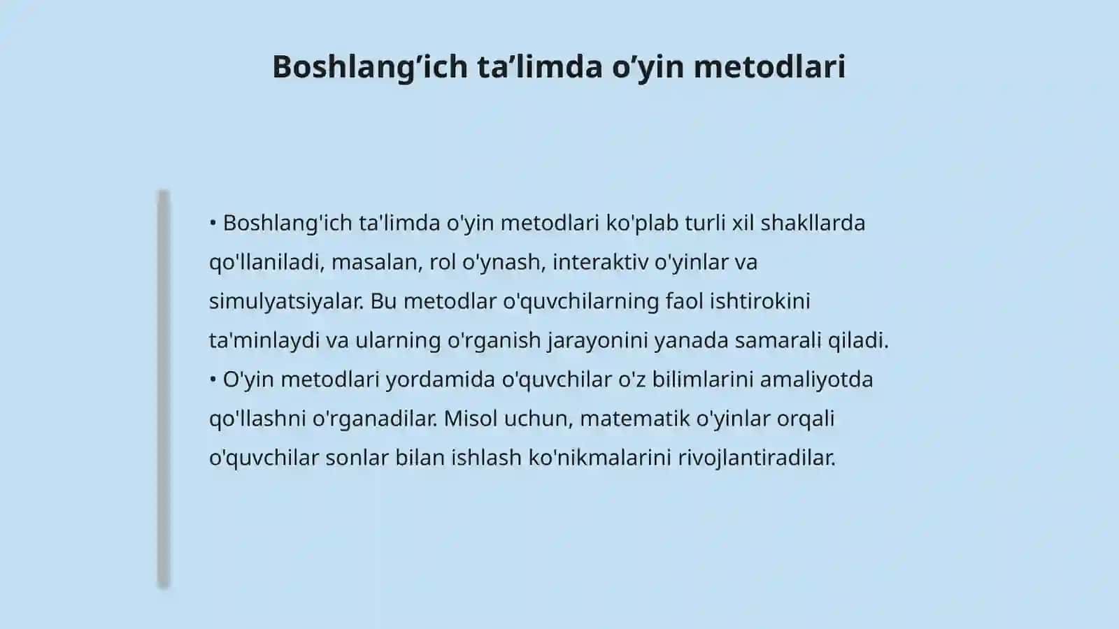 Boshlanğich ta’lim fanlarini òqitishda ta’limiy òyinlarning ahamiyati 4