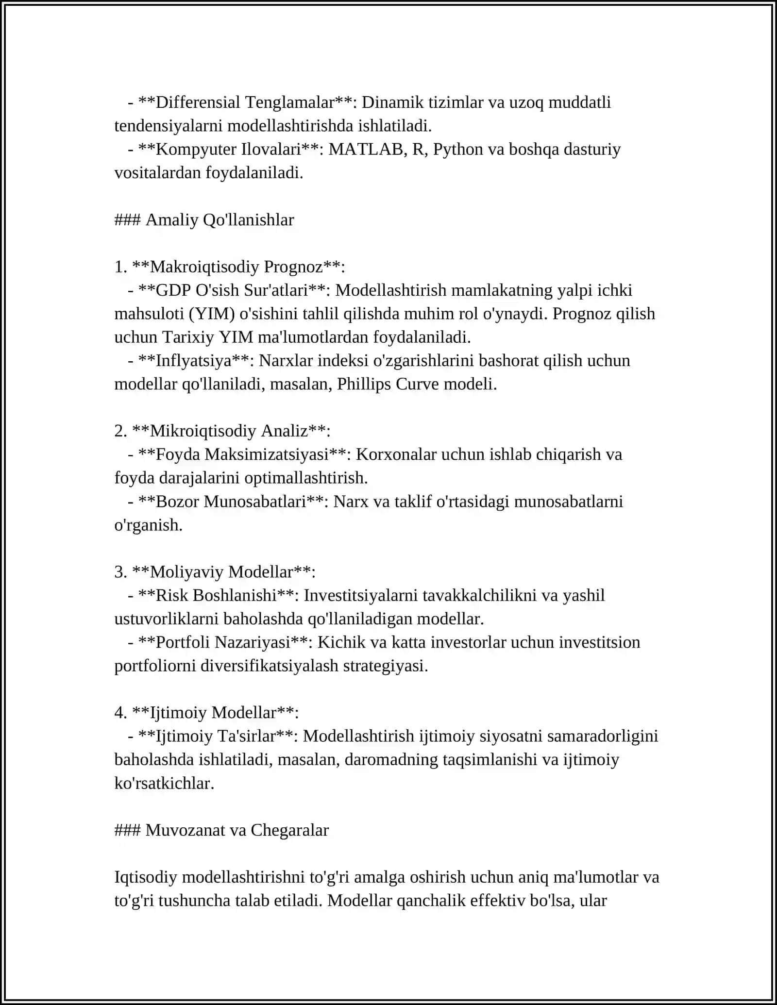 IQTISODIYOTDA CHIZIQSIZ BOSHLANISHGA EGA BOʻLGAN JARAYONLARNI EKONAMETRIK MASALALAR 4