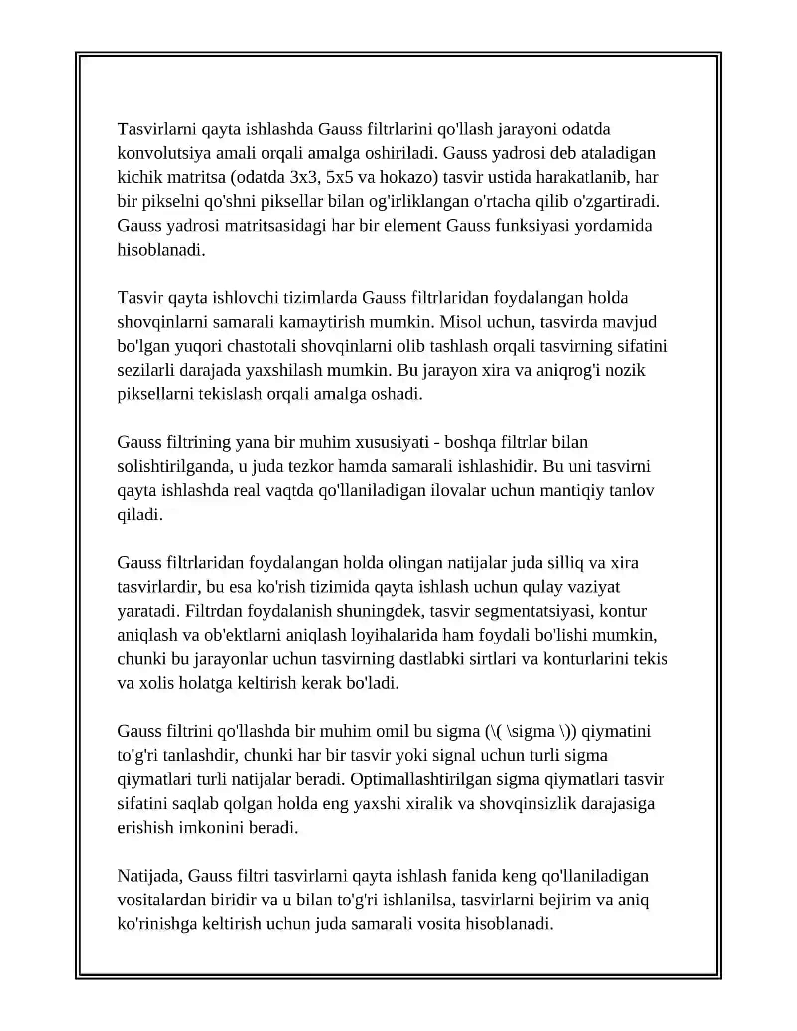 TASVIRLARNI QAYTA ISHLASH FANIDAN. GAUSS FILTRI VA UNING QO'LLANILISHI MAVZUSIDA 4