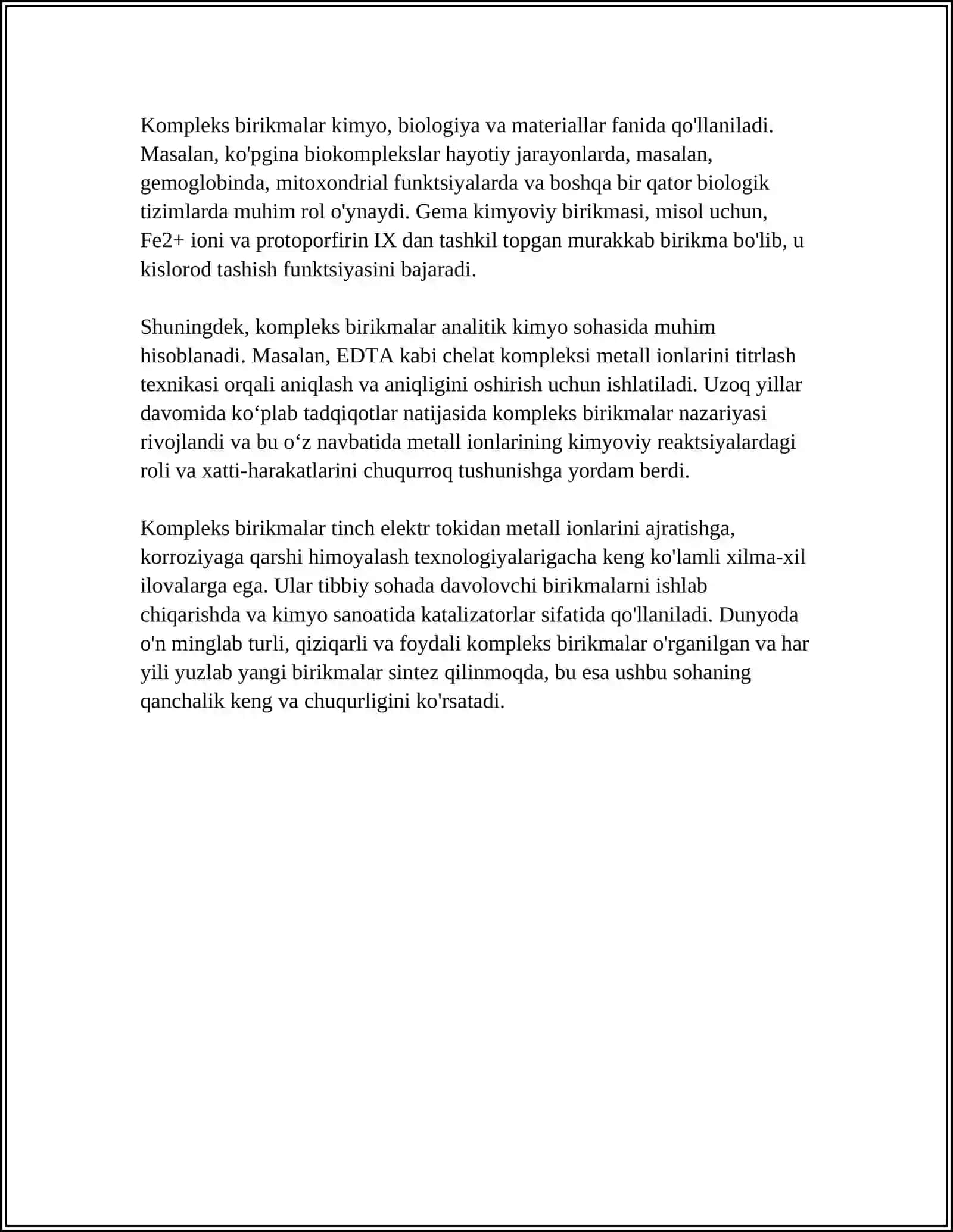 15. KOMPLEKS BIRIKMALARNING QOLLANILISHI: ANALITIK KIMYODA, OSIMLIK VA HAYVONLAR HAYOTIDAGI O`RNI VA AHAMIYATI 4