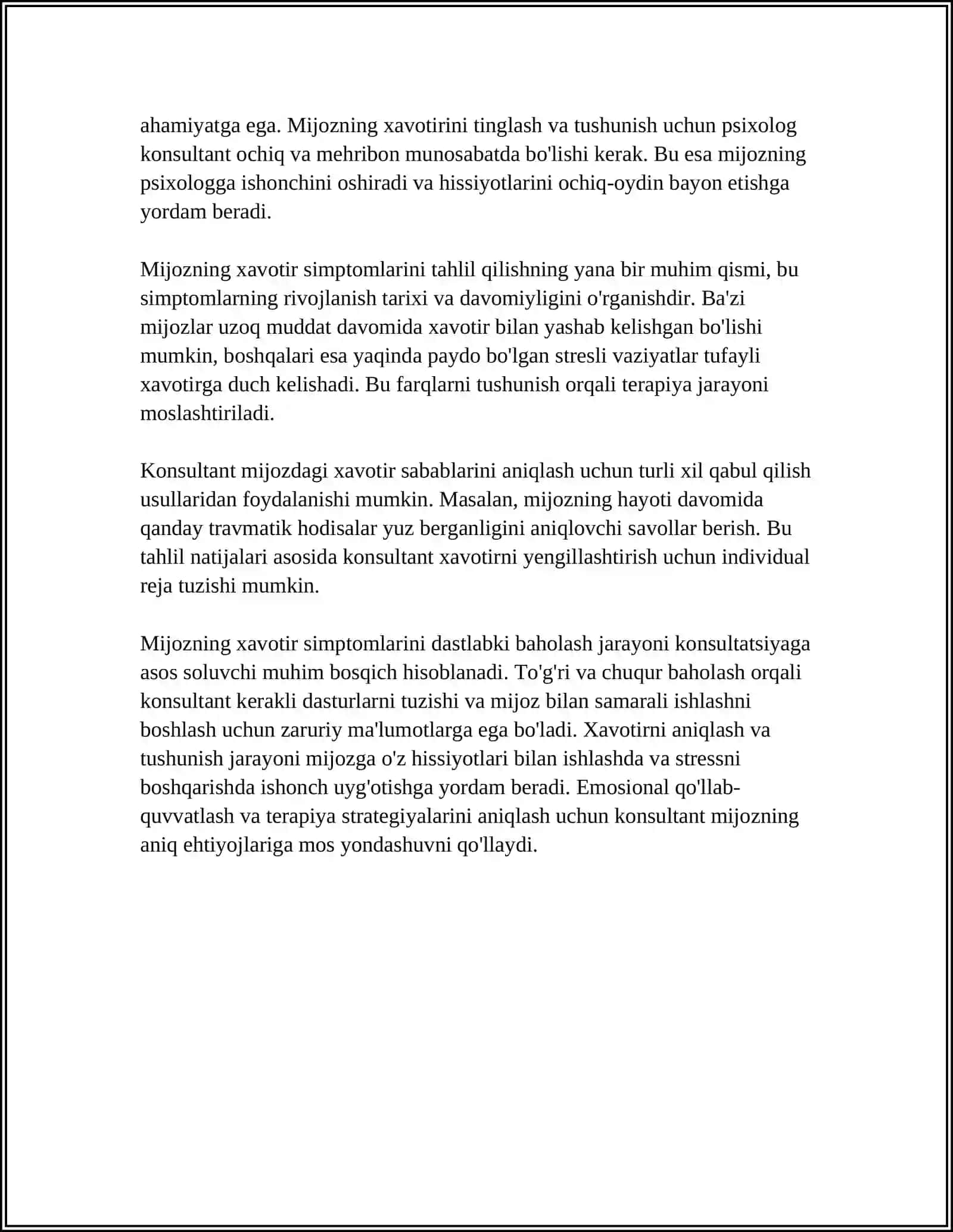 PSIXOLOG KONSULTANT TOMONIDAN MIJOZDAGI XOVOTIRNI KONSULTATSIYA QILISH 4