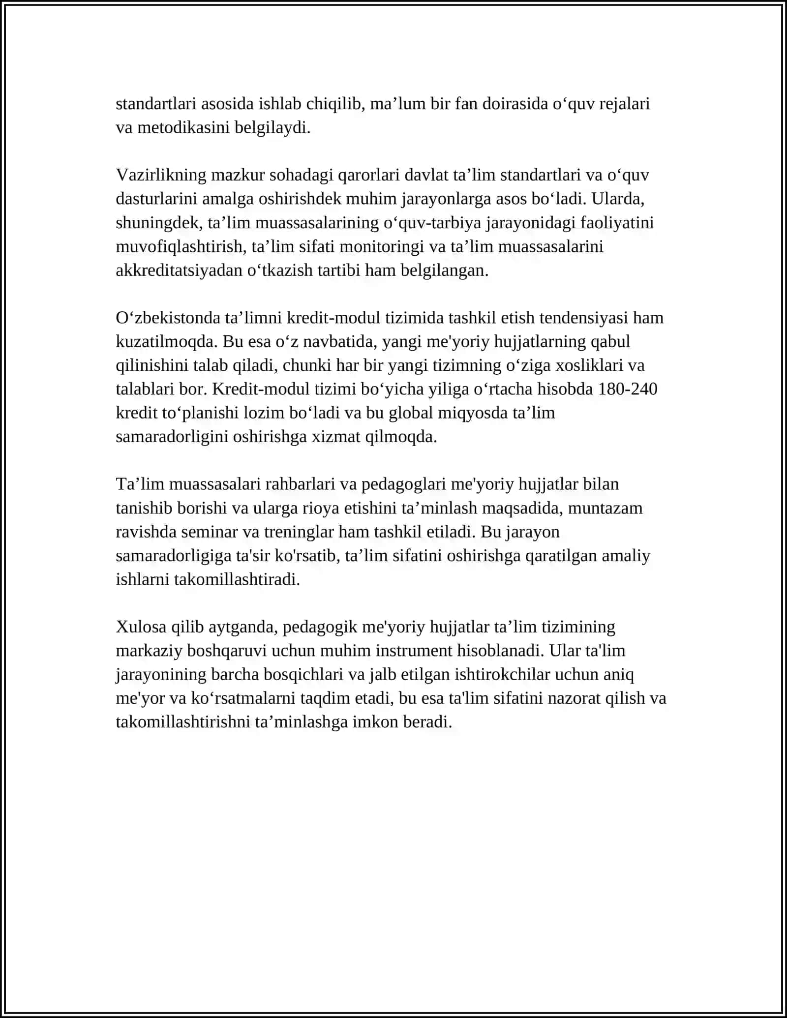 PEDAGOGIKA SOHASIGA OID ME’YORIY HUJJATLAR, ULARNING TURLARI, XUSUSIYATLARI 4