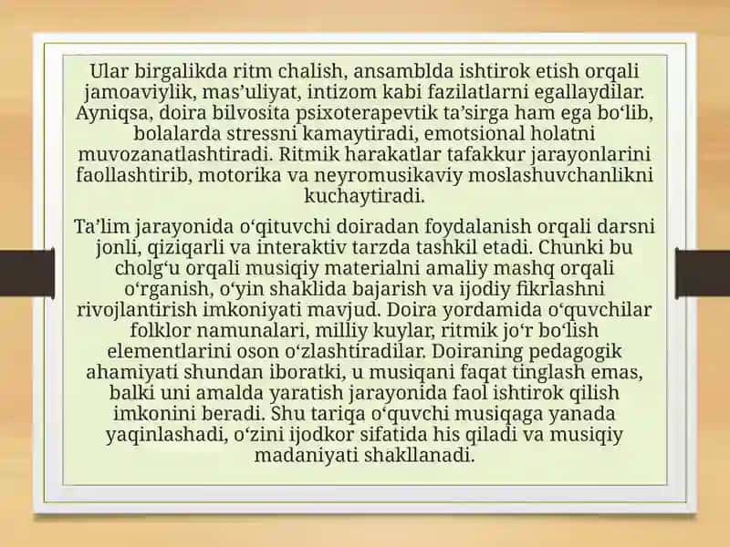 MUSIQA DARSLARINI TASHKIL ETISHDA DOIRANING O'RNI 4