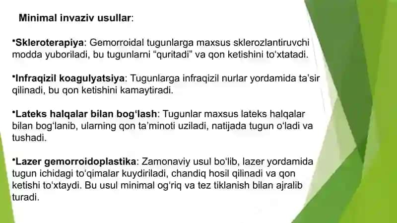 Analteshik vato'g'riichak arteriyalari da operatsiyalar. Proktologiya amaliyotida qo'llaniladigan zamonaviy usullar 4