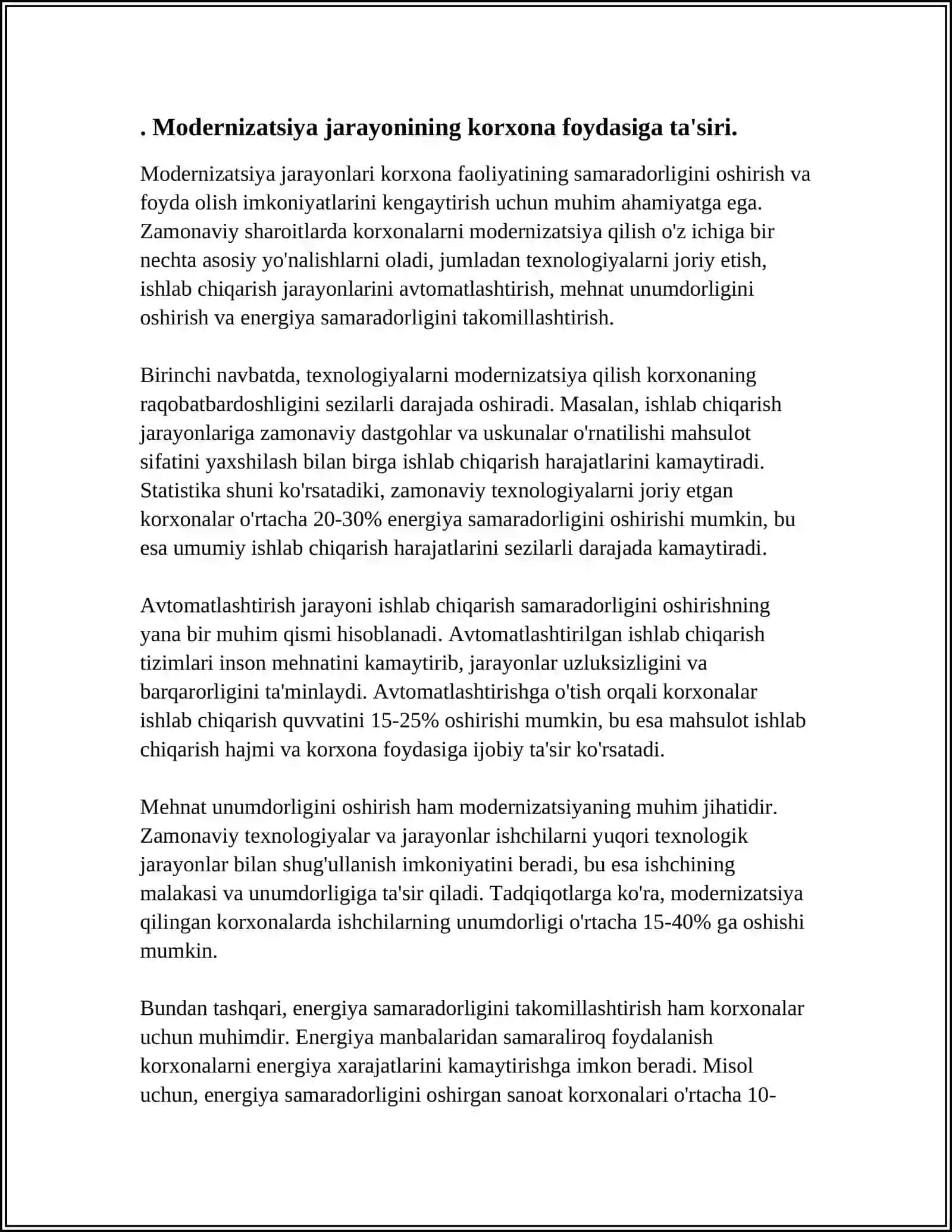 MAMLAKATNI MODERNIZATSIYALASH SHAROITIDA KORXONA FOYDASI VA UNI MAKSIMALLASHTIRISH YOʻLLARI 4