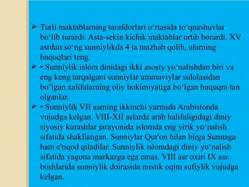 Islom oqimlari va yoʻnalishlarining paydo boʻlishi sabablari, e'tiqodidagi bo'linishning sabablari va oqibatlari. 4
