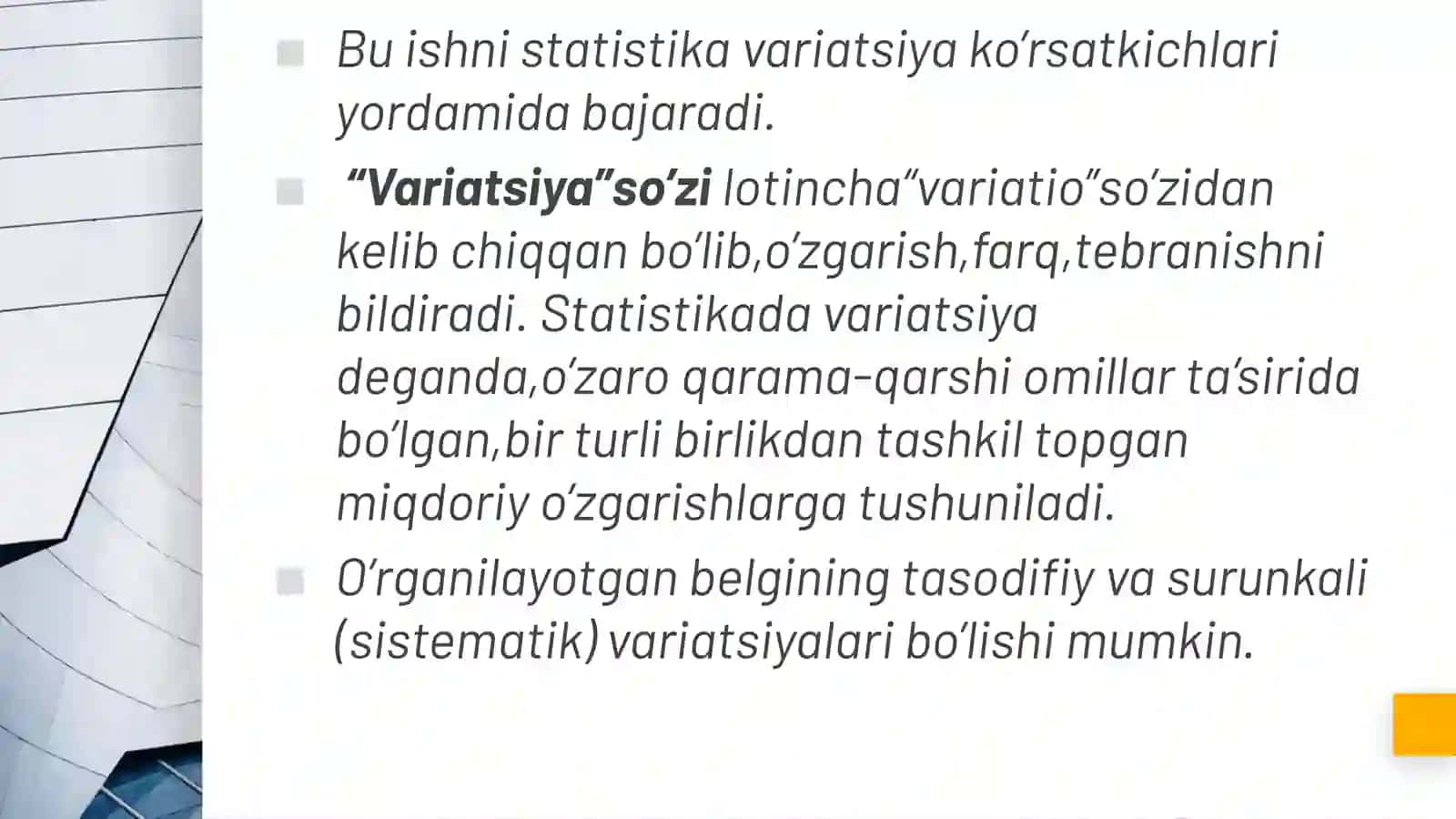 Statistikada variatsiyani baholash usullari va dispersion tahlil asoslari 4