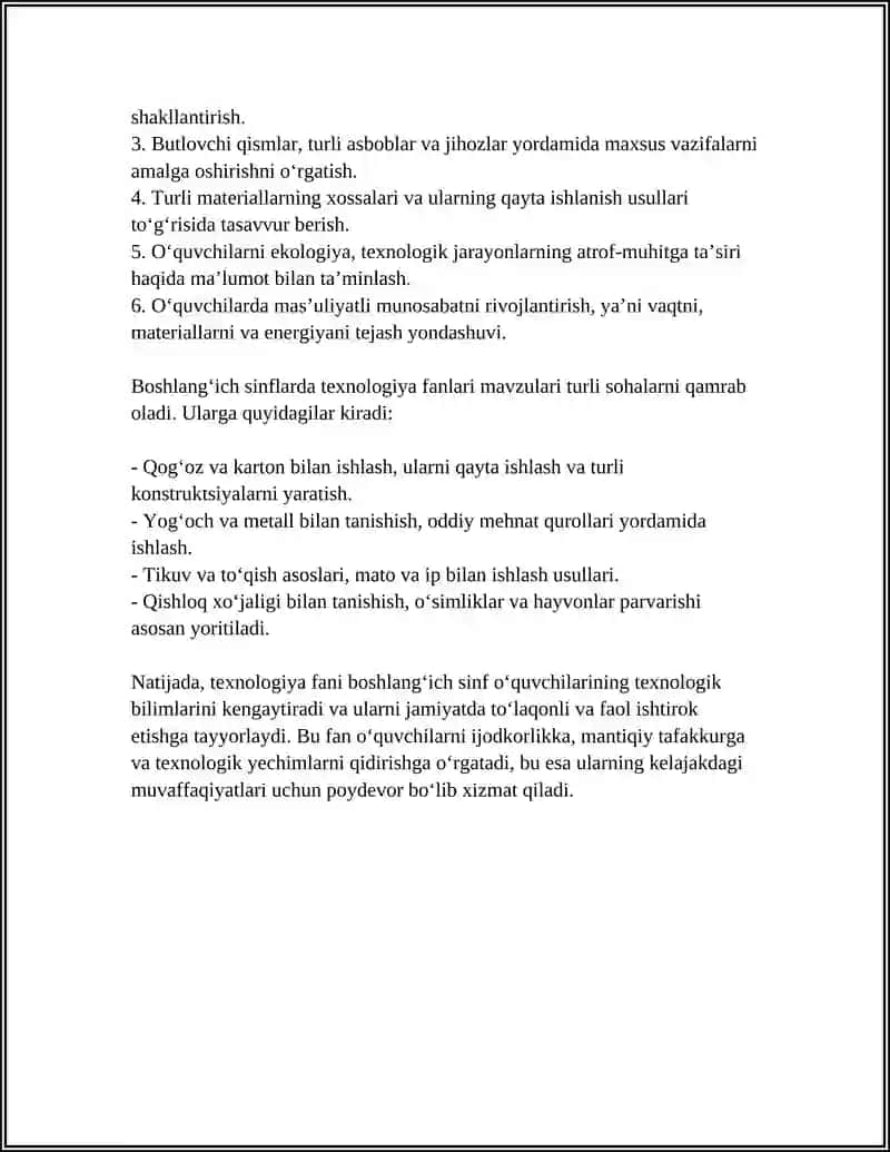 BOSHLANGʻICH SINF TEXNOLOGIYA FANI MAZMUNI 4
