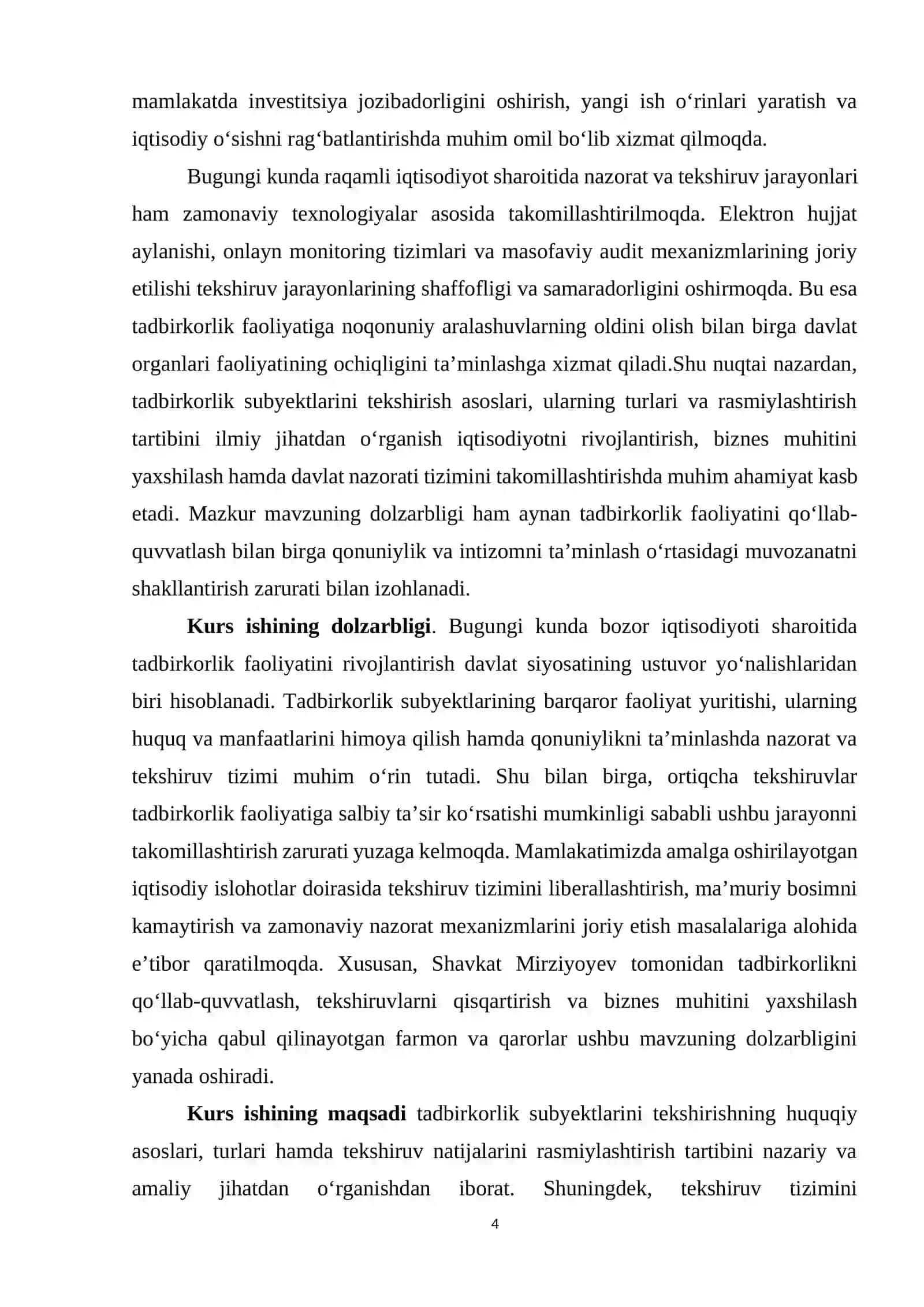 “Tadbirkorlik Subyektlarini tekshirish asoslari turlari va rasmiylashtirish” KURS ISHI 4