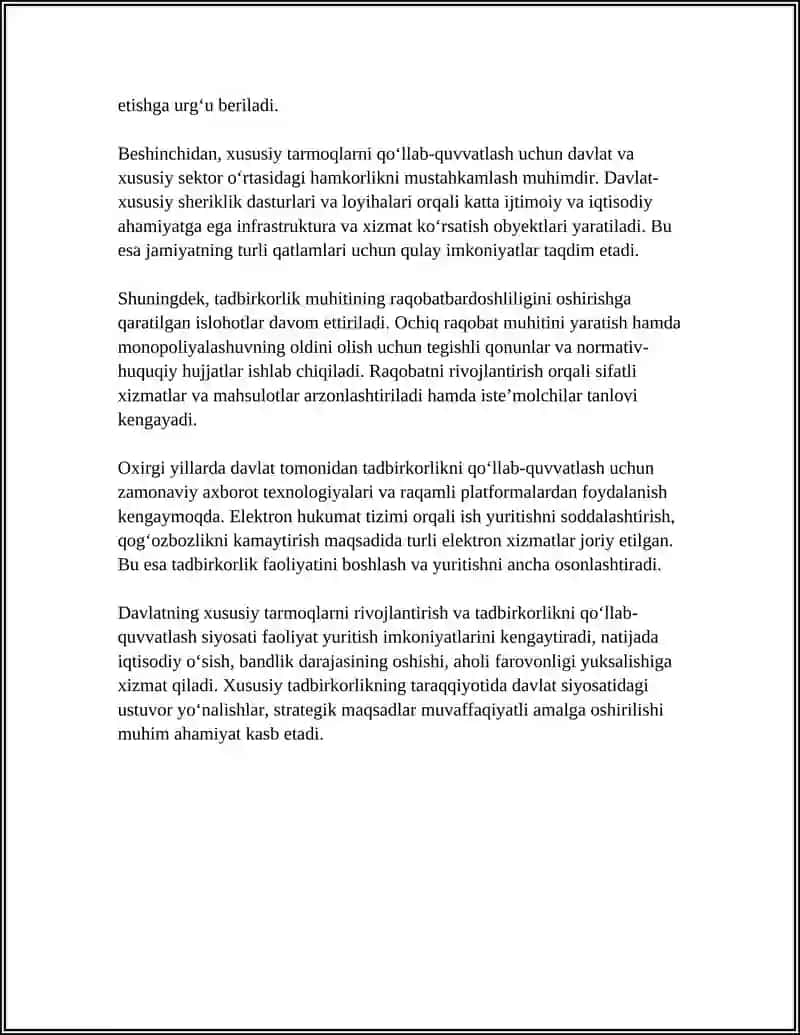 DAVLATNING IQTISODIYOTDA XUSUSIY TARMOQ VA TADBIRKORLIKNI QO`LLAB-QUVVATLASH SIYOSATI 4