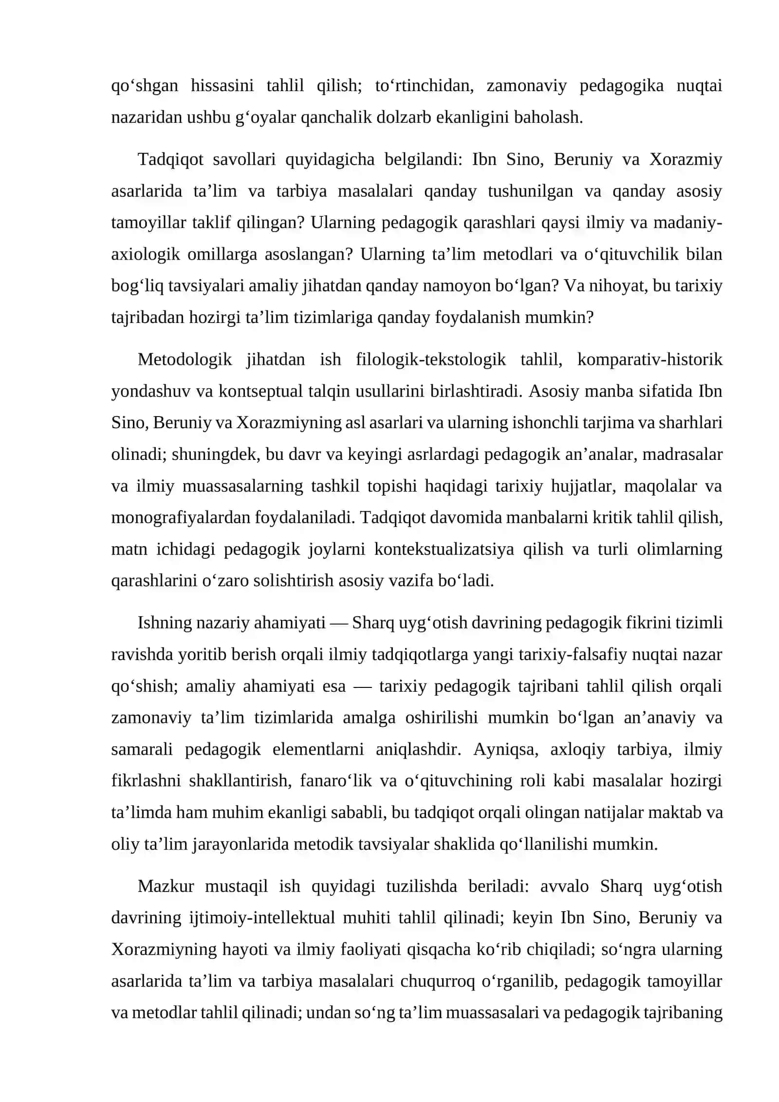 Sharq uyg'otish davri qomusiy olimlar Ibn Sino Beruniy Xorazmiy asarlarida ta'lim tarbiya masallarining yoritilishi 4