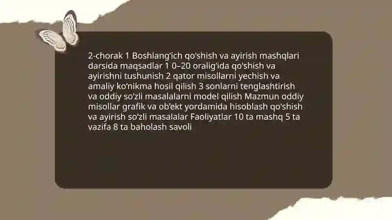 Birinchi sinf matematika darsligi topshiriqlarini o'rganish 1-sinf matematika dasturining choraklar bo'yicha mazmuni 4