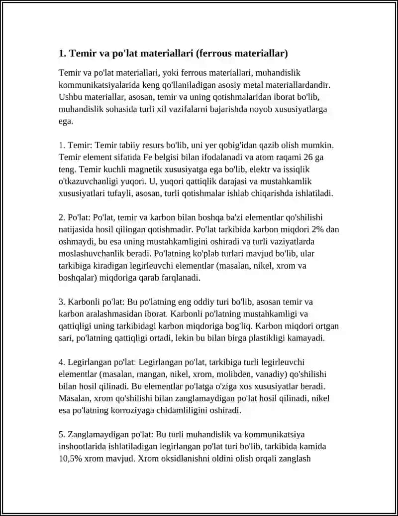 MUHANDISLIK KOMUNIKATSIYALARIDA FOYDALANUVCHI METAL MATERYALLAR TASNIFI 4