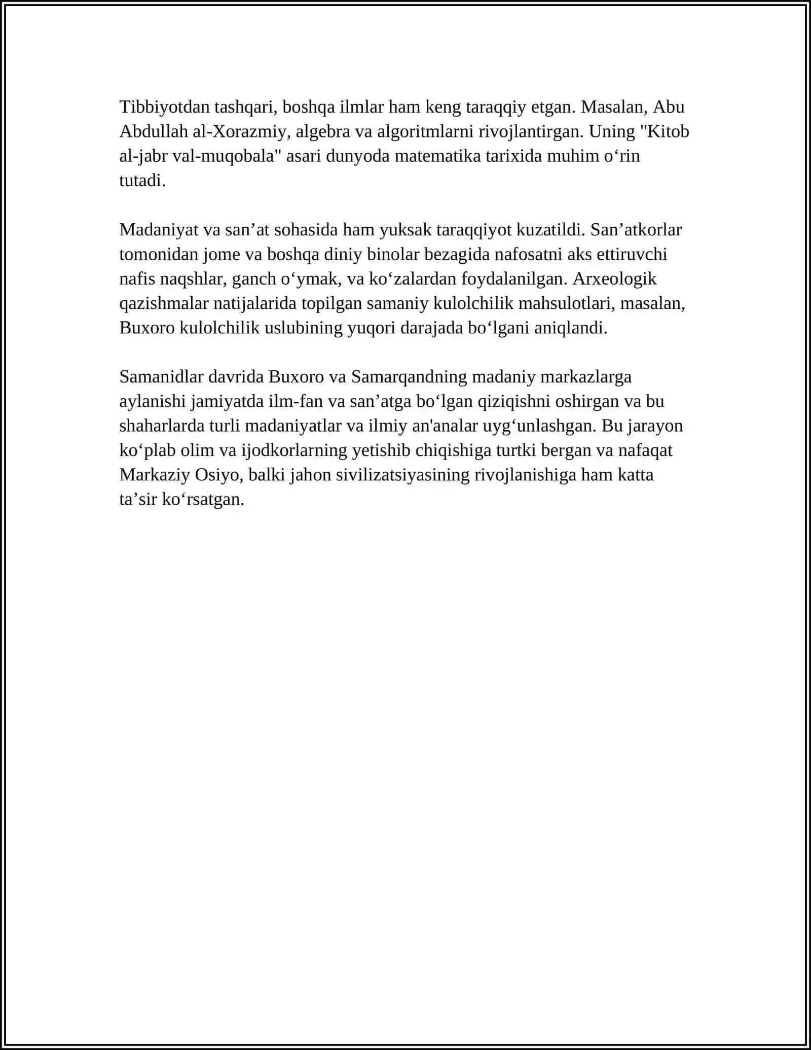 IX-XII ASRLARDA MAMLAKATIMIZ HUDUDIDA ROʻY BERGAN MADANIYAT UYGʻONISH. BUYUK ALLOMALARNING JAHON SIVILIZATSIYASIGA QOʻSHGAN HISSASI 4