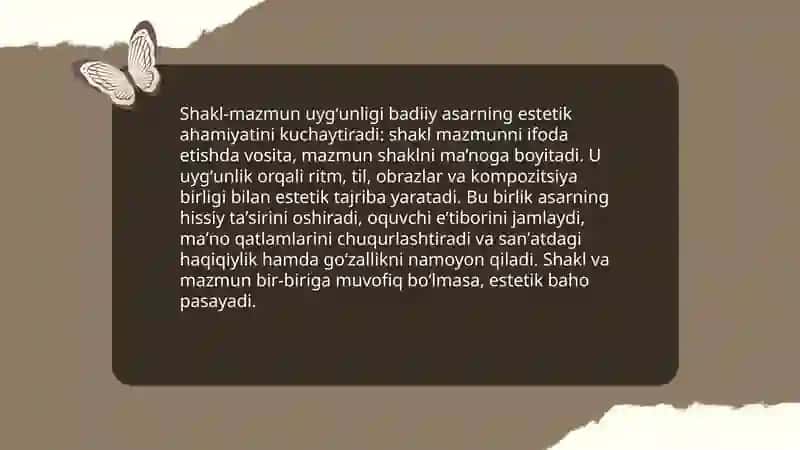 Badiiy asarda shakli va mazmun uyg'unligi va ahamiyati 4