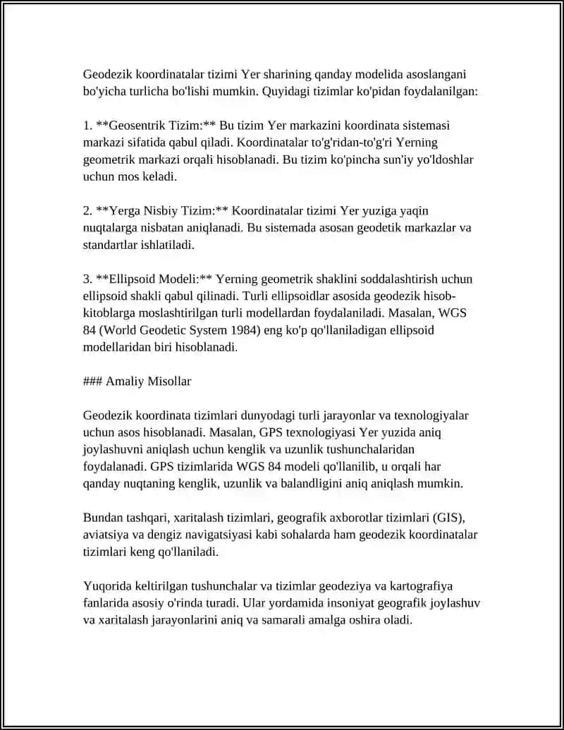 GEODEZIYADA QO‘LLANILADIGAN KOORDINATALAR VA BALANDLIKLAR SISTEMASI 4