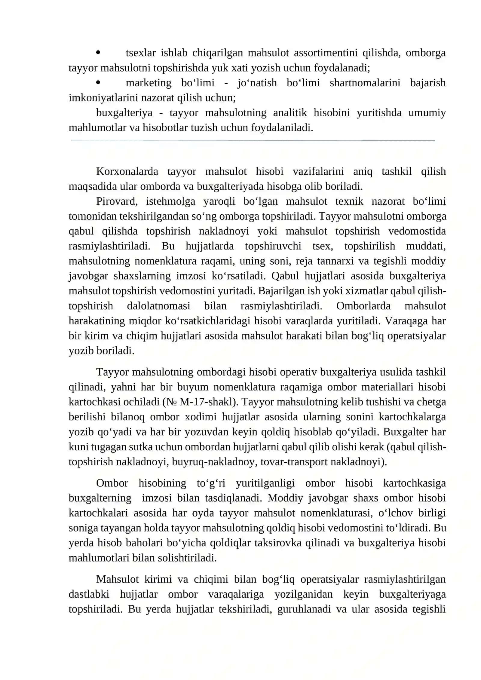 Tayyor mahsulot(tovar,ish va xizmat)larni turkumlash va ularni baxolash. Tayyor mahsulot(tovar,ish va xizmat)larni omborda va buxgalteriyada hisobga olish 4