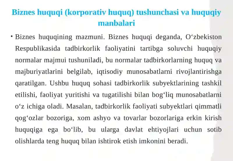 Bizneshuquqi, korporativ huquq tushunchasi, predmeti, tamoyillari va tizimi 4