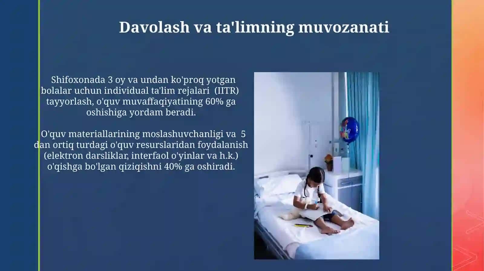Uzoq muddatli kasalxonada yotgan maktab o'quvchilarining samarali ta'limining tashqi shartlari 4