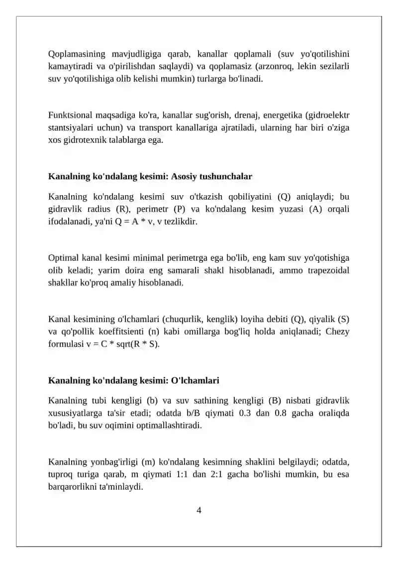 Kanallar.ularning turkumlanishi.koʼndalang kesim oʼlchamlari va shakllari.ularni trassalash 4