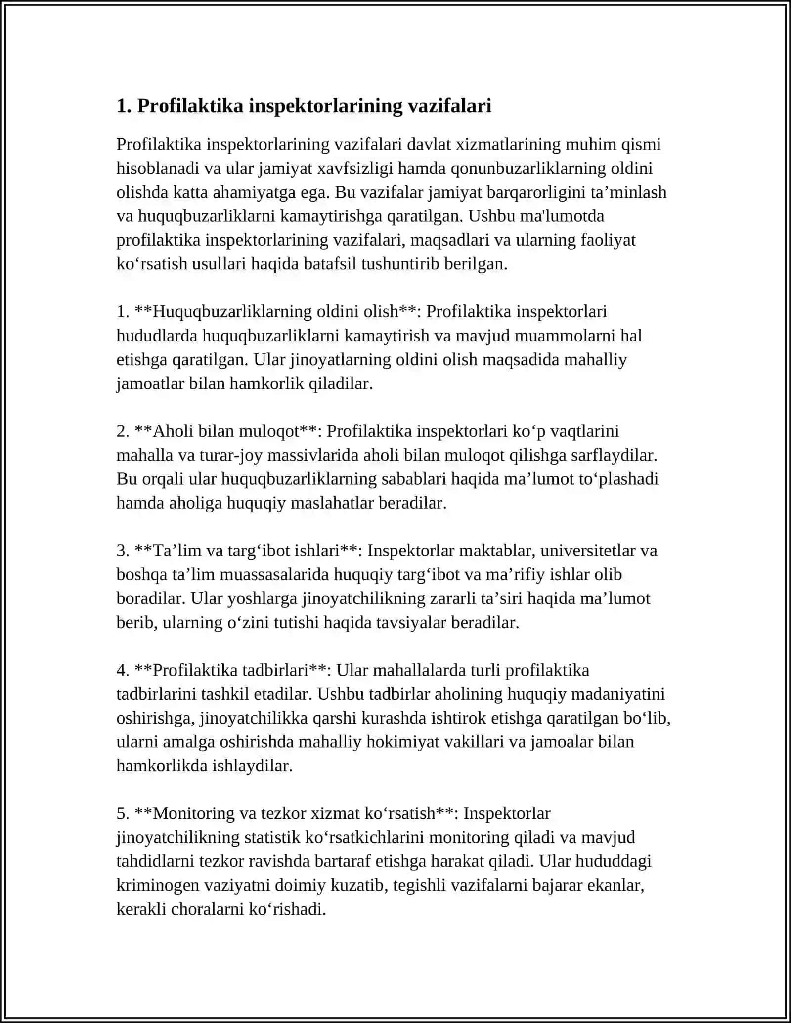 REFERAT Mavzu: PROFILAKTIKA INSPEKTORLARINING FAOLIYATIDA HUJJATLASHTIRISH VA REJALASHTIRISH 4