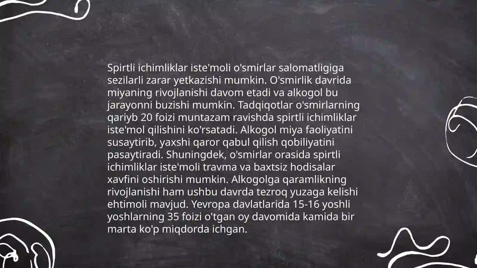 Spirtli ichimliklar iste'mol qilishga moil õsmirlar bilan olib boriladigan ijtimoiy pedagogik muammo. Giyohvandlik devyant hulq shakli sifatida 4