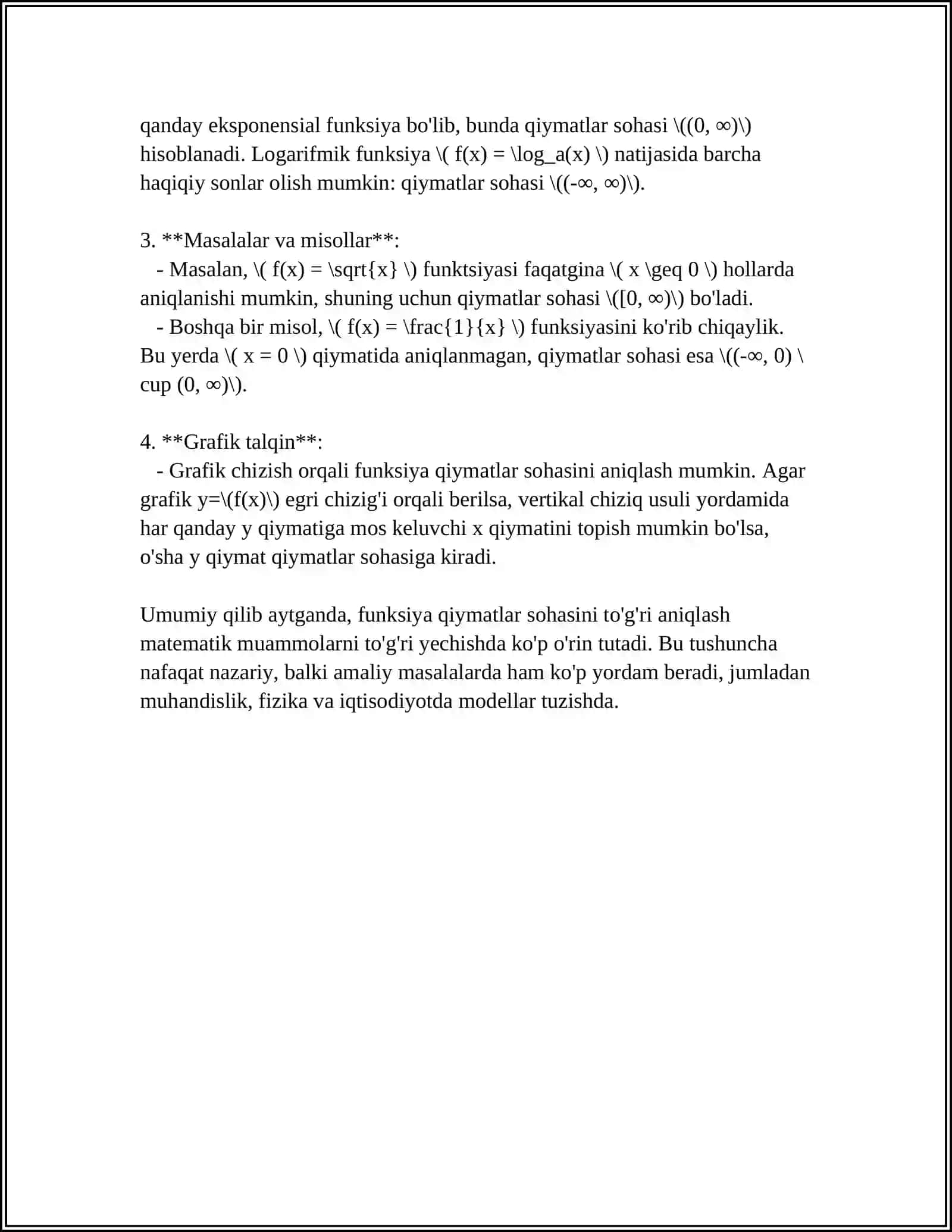 MUSTAQIL ISH Mavzu: FUNKSIYANING QIYMATLAR SOHASINI TOPISH.FUNKSIYANING JUFT TOQLIGI.FUNKSIYANING DAVRIYLIGI.FUNKSIYANING O'SISHI VA KAMAYISHI (MONOTONLIGI) TESKARI FUNKSIYANING HOSILASI 4