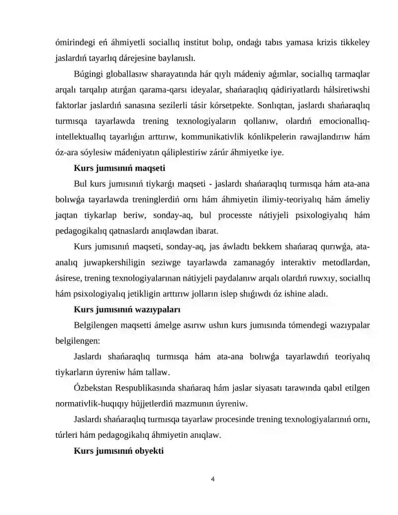Jaslardı shańaraq turmısına hám ata-ana bolıwǵa tayarlawda treninglerdiń ornı 4