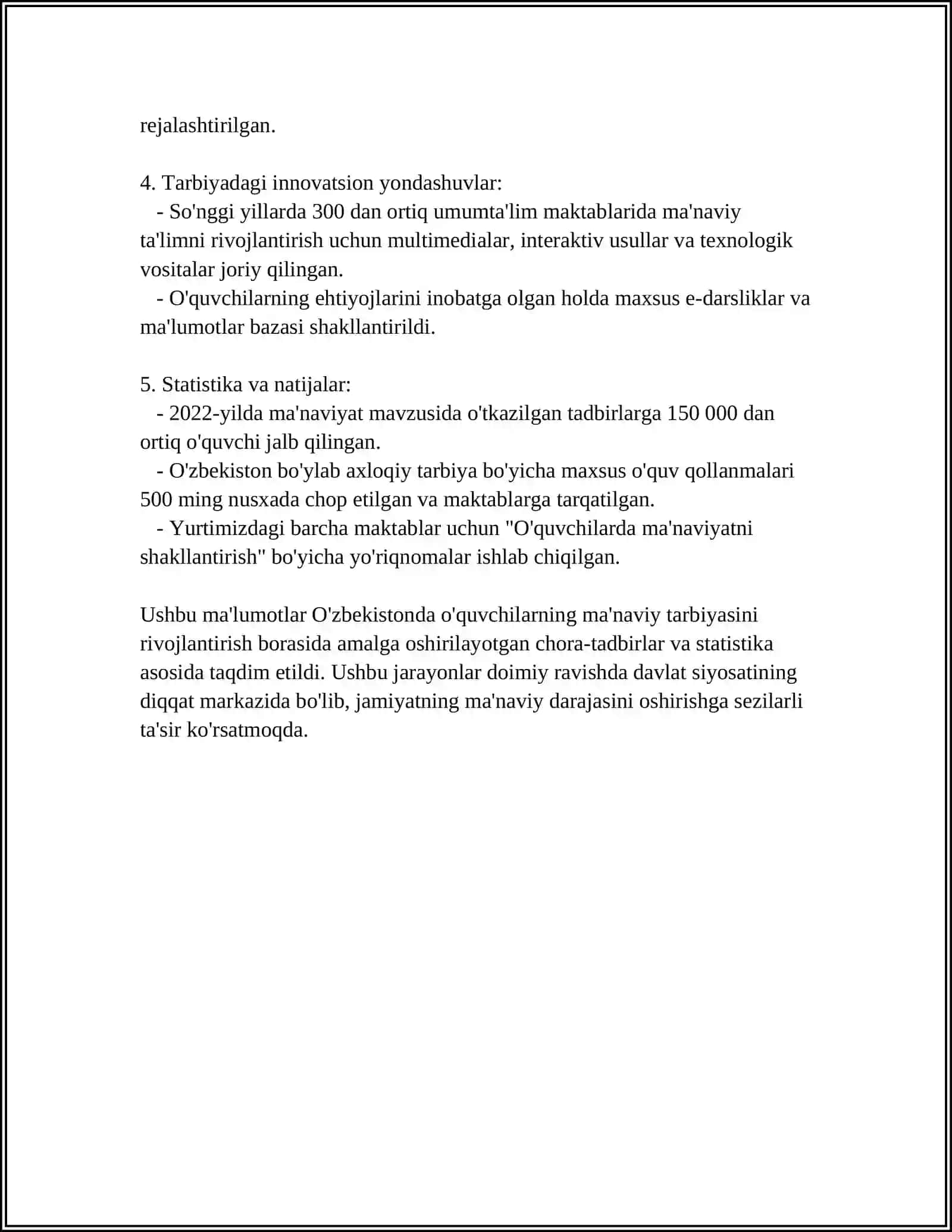 O'QUVCHILARNING DARSDAN TASHQARI TARBIYAVIY JARAYONLARIDA MA'NAVIY ISHLARINI TASHKIL ETISH 4