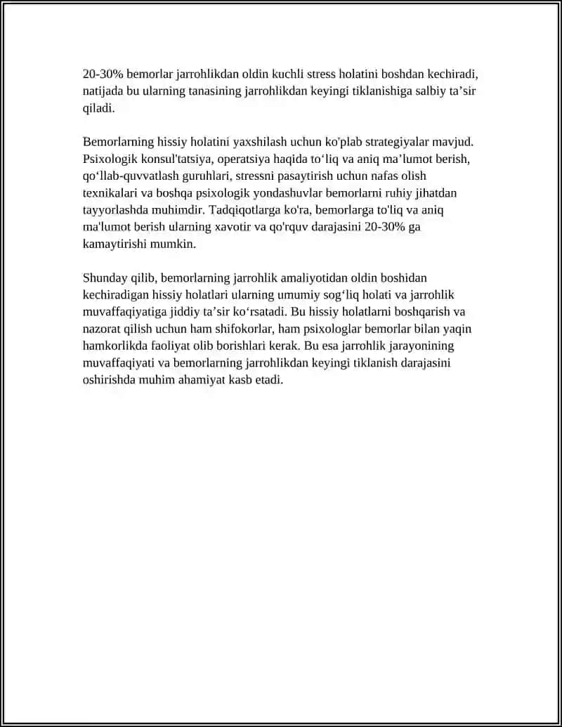 JARROHLIK BOʻLIMIDAGI BEMORLAR PSIXOLOGIYASI MASALALARI 4
