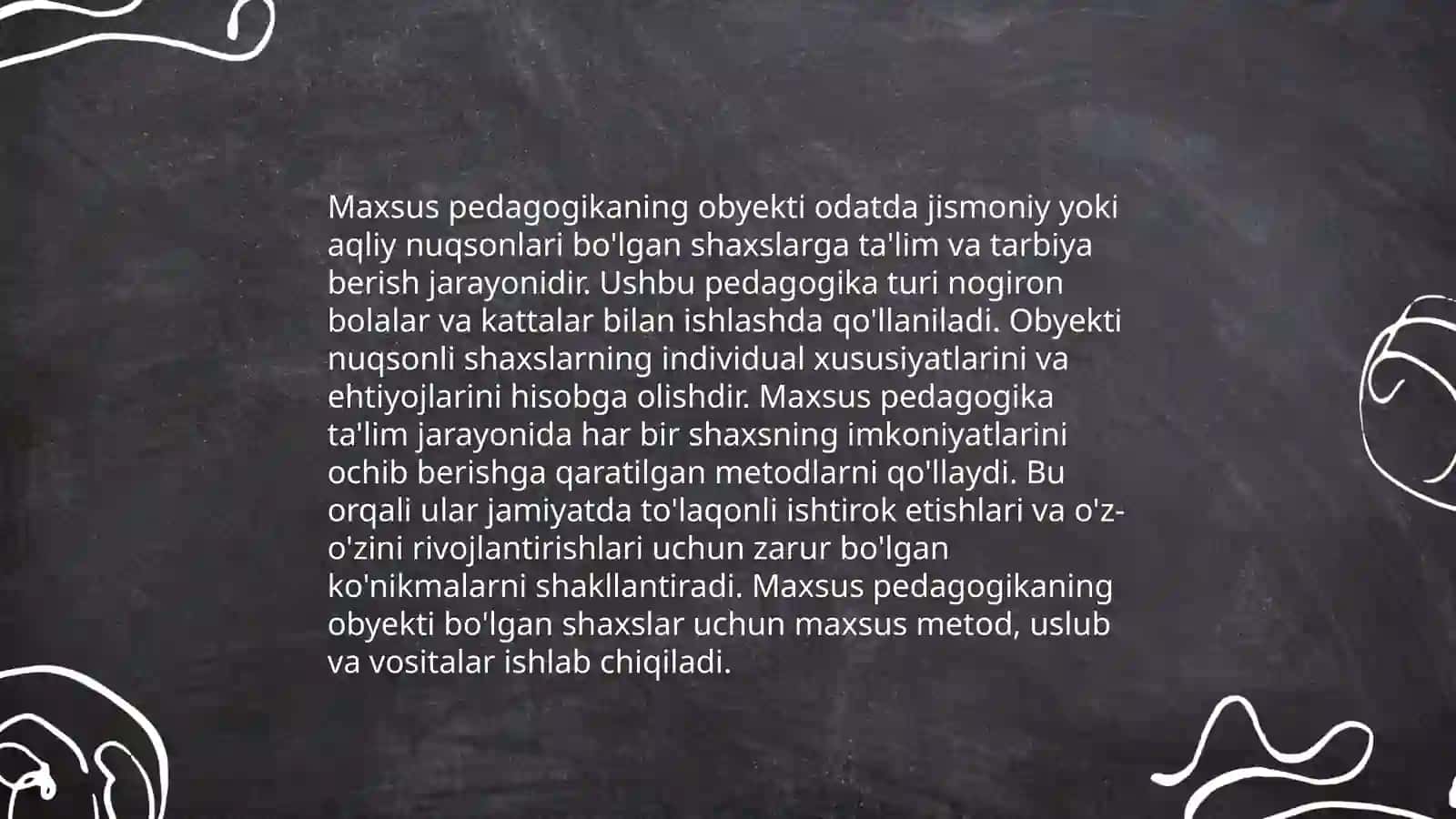 Maxsus pedagogika fanining predmeti ob'ekti boshqa fanlar bilan aloqasi fanining umumiy asoslari. Maxsus pedagogika fanining umumiy masalalari. Aqliy rivojlanishida nuqsoni bo'lgan bolalar 4